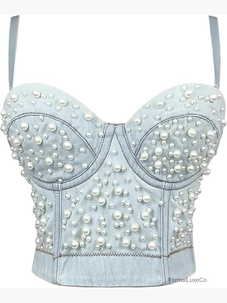 Denim Corset Push Up Bustier Crop Top Spaghetti Straps Underwire Hook Eye